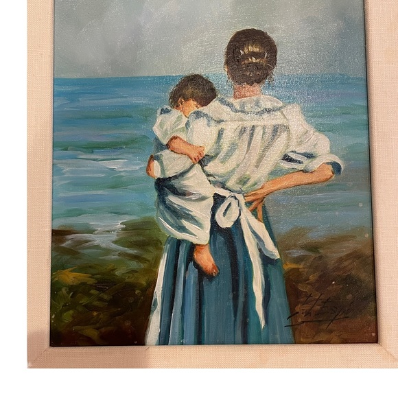 Painting Mother & Child Next to the Ocean, Signed Art By L. Espi, Circa 1987 - Picture 2 of 10